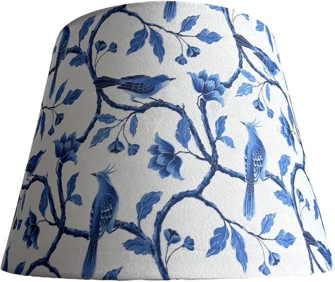 Tristan Home Blue & White Chinoiserie Empire Lamp Shade – 14" Bottom x 10" Height – Textured Velvet Bird Floral Pattern – Spider Fitter Replacement Shade