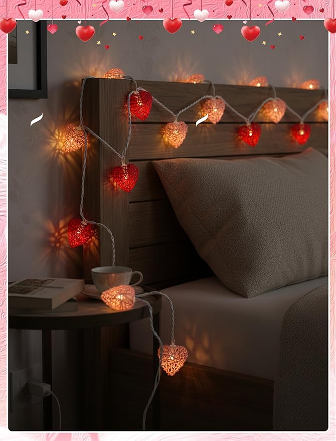 8.5ft Valentine’s Day Heart String Lights Plug in, Vintage Rattan Lights with 10 LED Red Pink Shatterproof Bulbs, Fairy Lights for Indoor Outdoor Home Decor Wedding Party Birthday, Warm White
