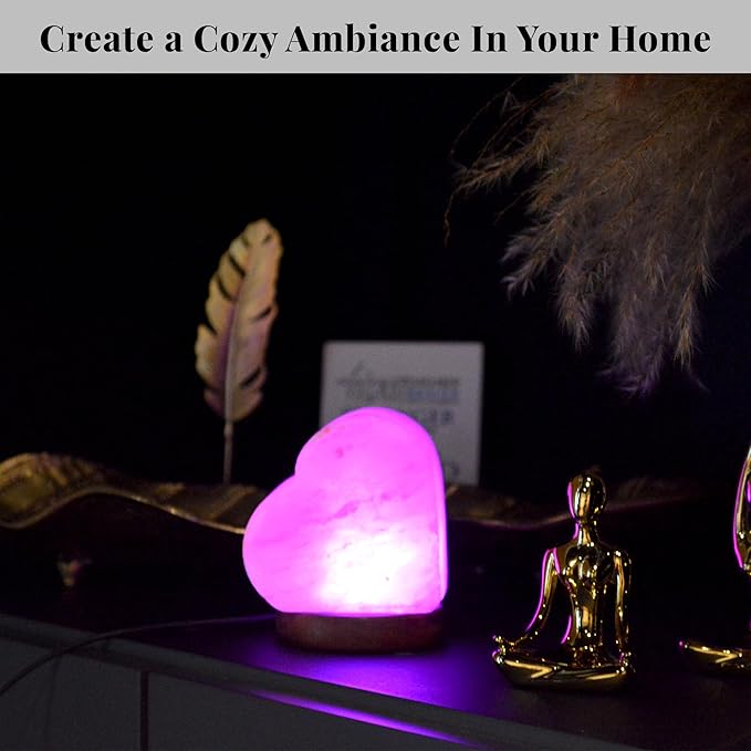 POHS USB Himalayan Mini Heart Salt Lamp, 7 Color Changing LED Bulb, Hand Crafted Crystal Rock Salt Night Light for Home Decor, Desk, and Gift | Premium Quality Wood Base and USB Cable