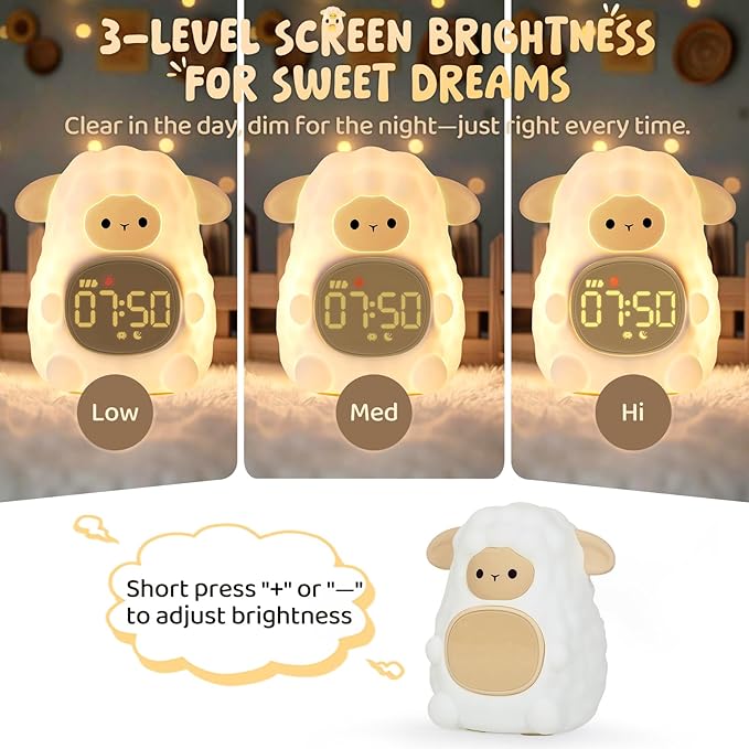Sheep Alarm Clock with Night Light for Kids with Sleep Training and Sound Machine, Rechargeable Silicone Lamp OK to Wake Clock，Cute Animal Tabletop Lamp, Perfect Sleep Companion for Boys Girls, Khaki