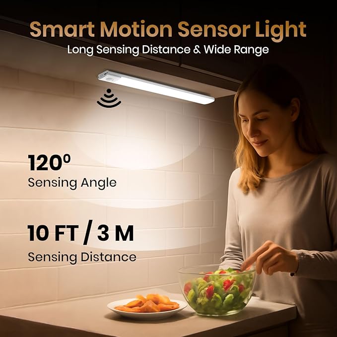 16 Inch Under Cabinet Lighting, 2 Pack 80 LED Motion Sensor Lights, 160LM USB-C Rechargeable, 2200mAh Battery, 10–100% Dimmable, 3 Color Modes, Stick-On Magnetic LED Closet Lights for Kitchen