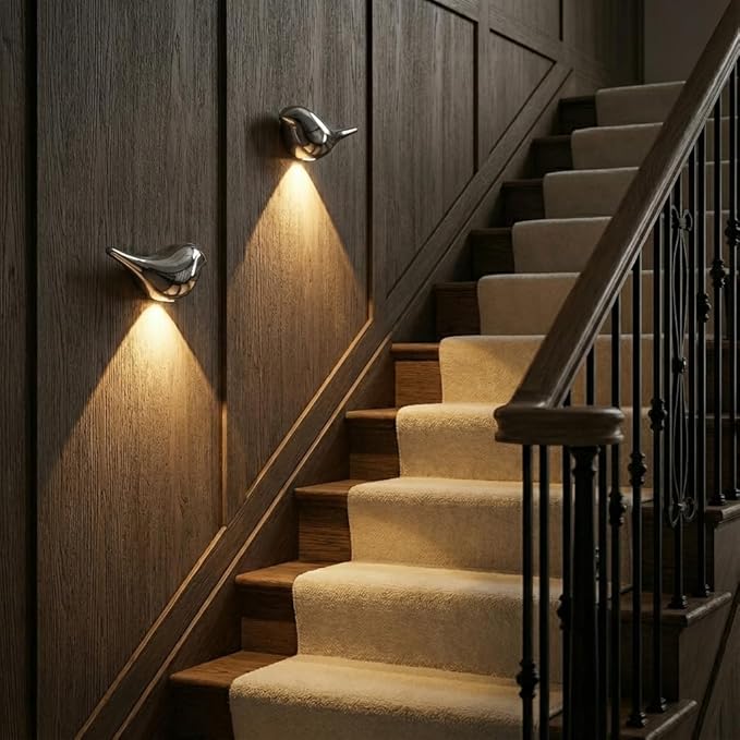 Silver Birds Night Lights with Motion Sensor(1-Pair), Rechargeable Battery Operated & Wireless Wall Lights, Home Decor for Living Room, Bedroom, Easter Gift