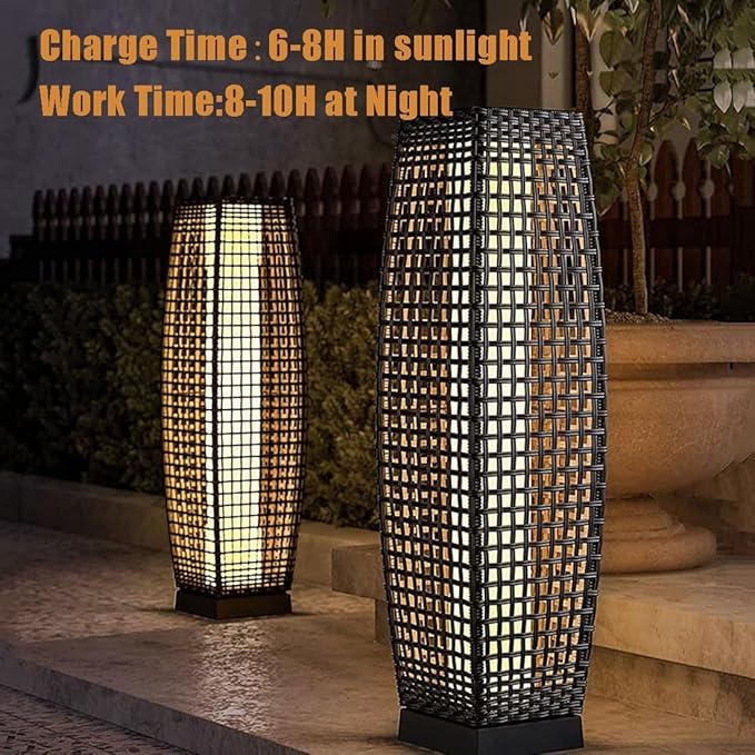 Outdoor Solar Powered Floor Lamps, Waterproof Handmade Rattan Wicker Floor Lamps, Auto On/Off, Led Light, Outdoor Decorative Lanterns for Driveway Lawn Patio Garden Yard