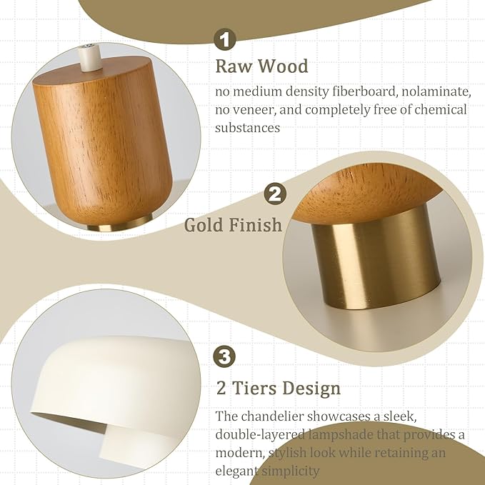 Modern Large Pendant Light 19.68 inch, 2 Tiers Soft Cream Shades, Natural Wood and Brass Accent, Mid Century Chandelier for Dining Room, Living Room