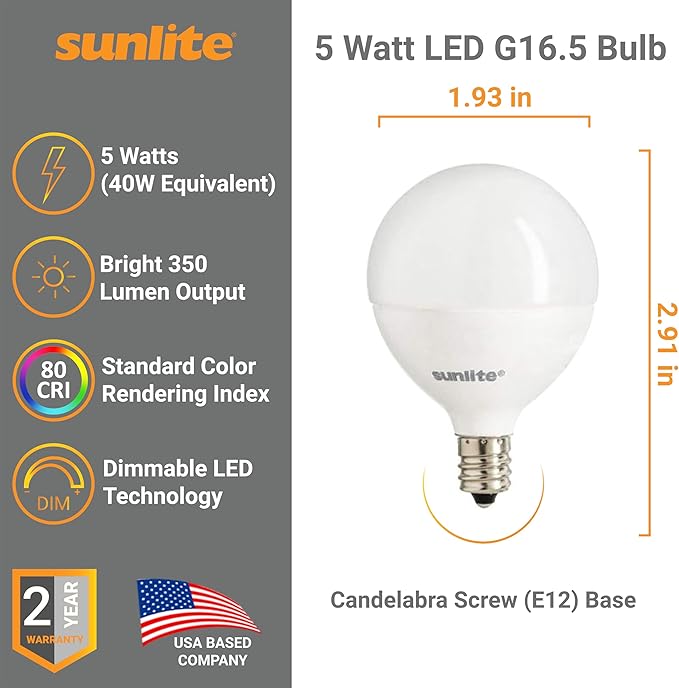 Sunlite G16.5 Light Bulb LED, 5 Watts (40W Equiv.), 350 Lumens, Dimmable, Type G Globe Shape E12 Candelabra Base, Short Bulbs, Vanity Mirror Bulbs, 2700K Soft White, Clear, 6 Count