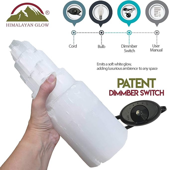 Himalayan Glow Selenite Crystal Lamp 20cm, Hand Curved Morocco |Skyscraper| Crystals and Healing Stones,(ETL Certified) with Wooden Base & USB Charging Cable For Healing Cleansing & Meditation