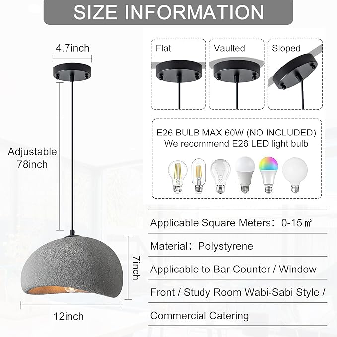 11.8 inch Wabi Sabi Pendant Light Modern Japanese Ceiling Fixture for Dining Room Kitchen Island Hallway, Gray E26 Base Hanging Lamp (30cm/11.8in)