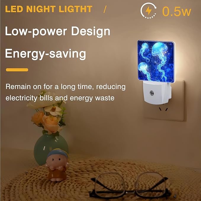 Night Light Magic Glowing Jellyfish Night Lights Plug into Wall Smart Dusk to Dawn Sensor 0.5W Energy Efficient Led Lamp for Men Women Bedroom Bathroom Hallway Stairway Decor