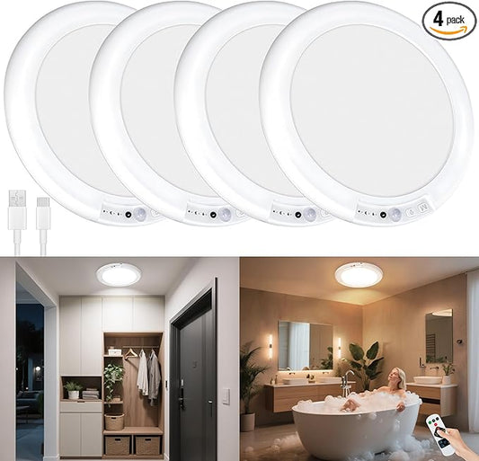 maylit 4 Pack Rechargeable Ceiling Lights, Motion Sensor Lights No Wiring, Wireless Closet Lights Battery Operated, for Bathroom Laundry Room Kitchen Porch Stair Hallway Shower Pantry Garage