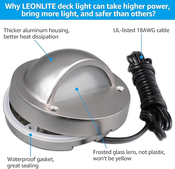 LEONLITE LED Low Voltage Deck Lights, 170LM 4.09inch Landscape Step Railing Fence Light, 12-36V AC/DC, Die-cast Aluminum Housing & Frosted Glass Lens, UL Listed Cord, Satin Nickel, 3000K, Pack of 6