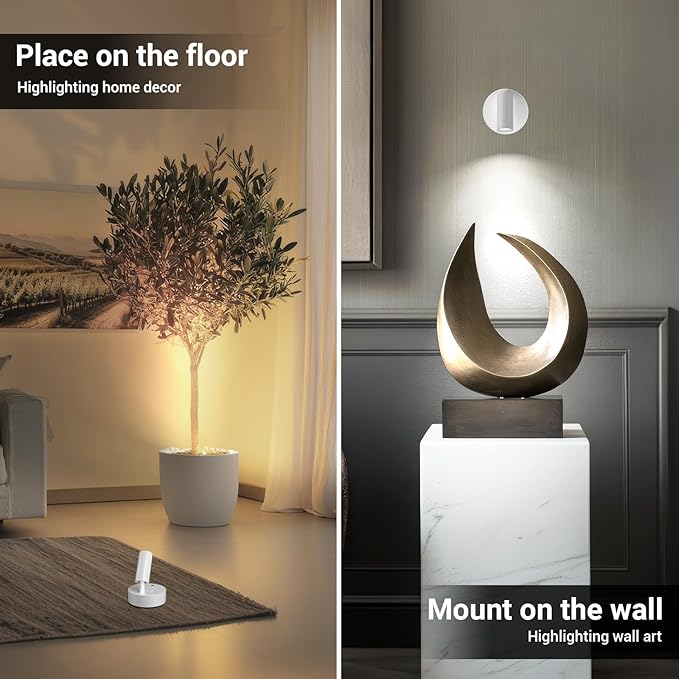Spotlight Indoor, Wireless Battery Operated with Remote,Uplight Indoor Down Light for Picture on Wall, Plant Spotlight Dimmable Timer, Mini Ceiling Lights Painting for Trees Plant,White 2 Pack
