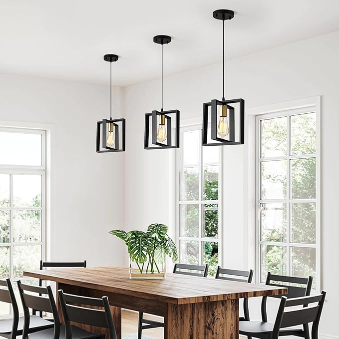9MMML Black Pendant Lights Kitchen Island Set of 2, Farmhouse Hanging Lamp with 62'' Height Adjustable Cord, Small Wood Ceiling Pendant Light Fixture for Dining Room, Entryway, Foyer