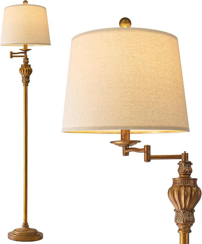 61" Vintage Floor Lamp | 350° Adjustable Swing Arm | Gold Standing Lamp | Mid Century Retro for Bedroom & Living Room