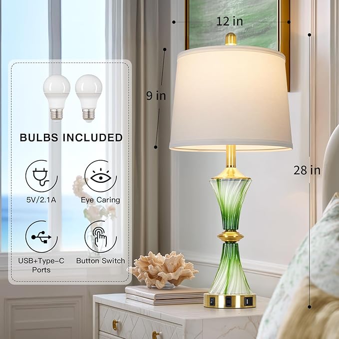 Green Glass Table Lamp Set of 2 with USB C+A Ports & AC Outlet, Bedside Lamp, Modern Bedroom Lamps, Coastal Lamp for Night Stands Bedroom Living Room,Nightstand Lamp LED Bulbs Included