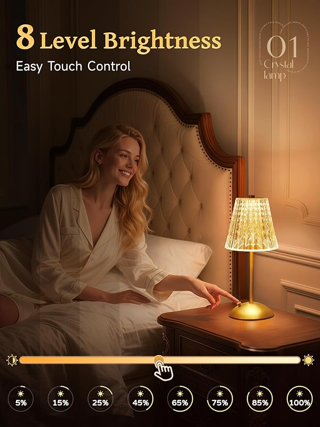 Valentines Gifts, Cordless Lamp, Crystal+Dimmable+3 Colors Rechargeable Lamp, Touch+2000mAh Battery Operated Vintage Ambient Light for Kitchen/Bedroom/Bathroom Shower, College Gifts for Teenage Girls