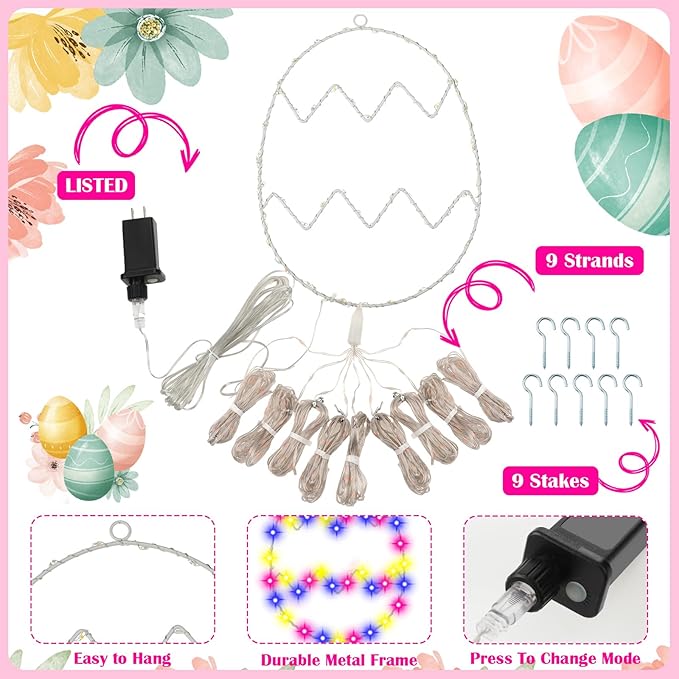 Baquler 15ft Easter Decor Egg Lights 350 LED 8 Modes Plug in Curtain Window Lights Egg Sign for Outdoor Home Bedroom Wedding Indoor Party Easter Decor