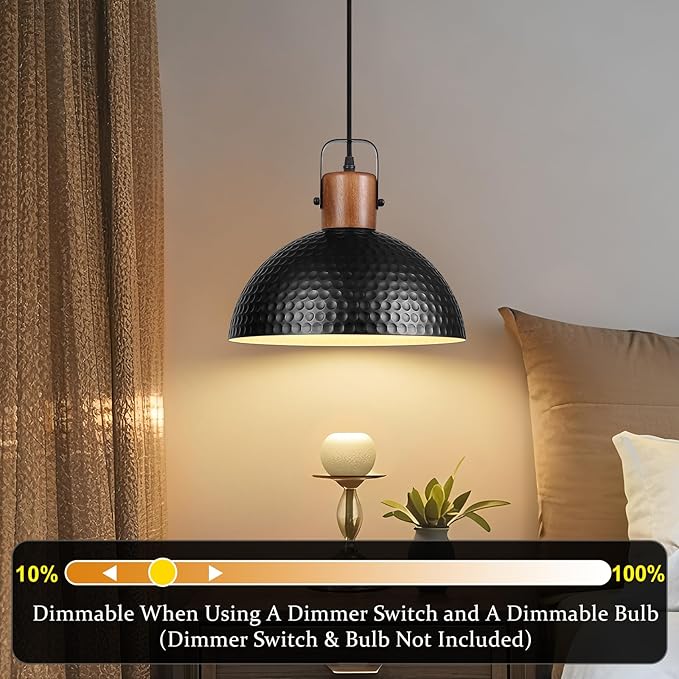 Black Pendant Light, 11.8" Hammered Metal Ceiling Hanging Light Fixture,Solid Wood Dome Pendant Lighting,Modern Industrial Chandelier for Kitchen Island, Dining Table, Restaurant, Farmhouse, Hallway