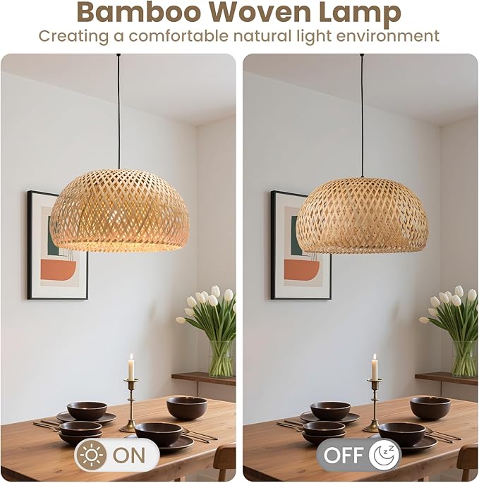 Bamboo Pendant Light, 11.02 inch One-Light Boho Basket Handmade Woven Pendant Lighting, Boho Bamboo Chandelier for Bedroom, Kitchen, Living Room