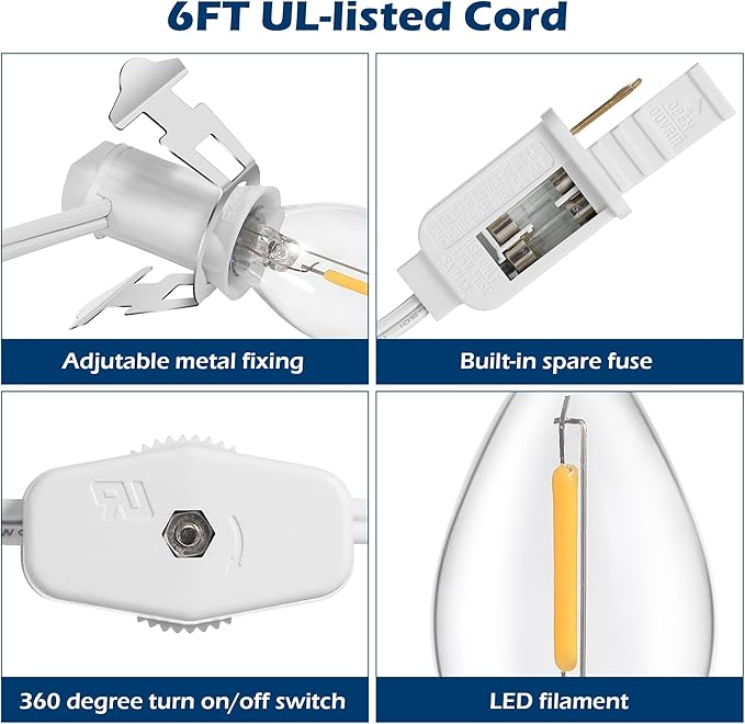 6 Packs 6ft Village Light Cord with 1W C7 LED Bulb, Salt Lamp Cord with ON/Off Switch and 2 Spare Fuses, Blow Mold Light Ideal for Christmas Village House Craft Decorations