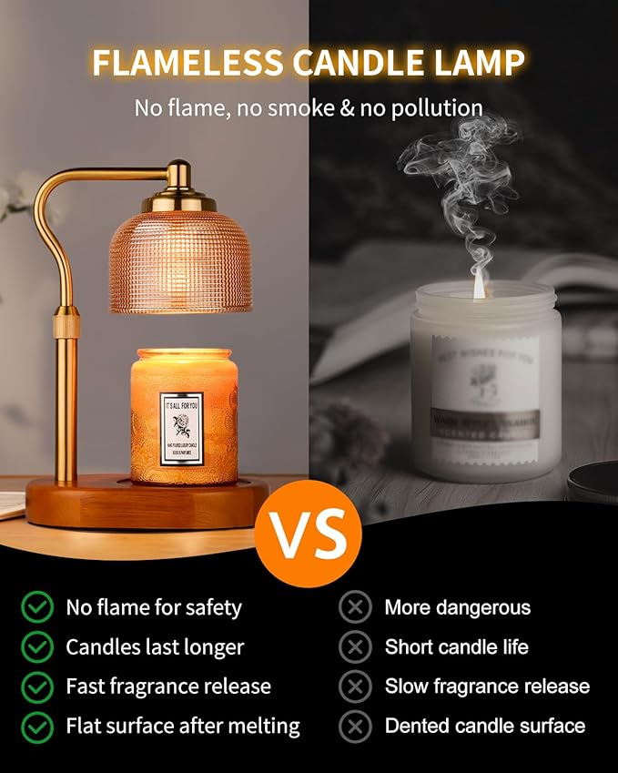 Candle Warmer Lamp Electric Candle Warmer with Timer Dimmable Candle Lamp Warmer with 3 Bulbs Height Adjustable Wax Melt Warmer for Bedroom Home Decor, Amber Gold