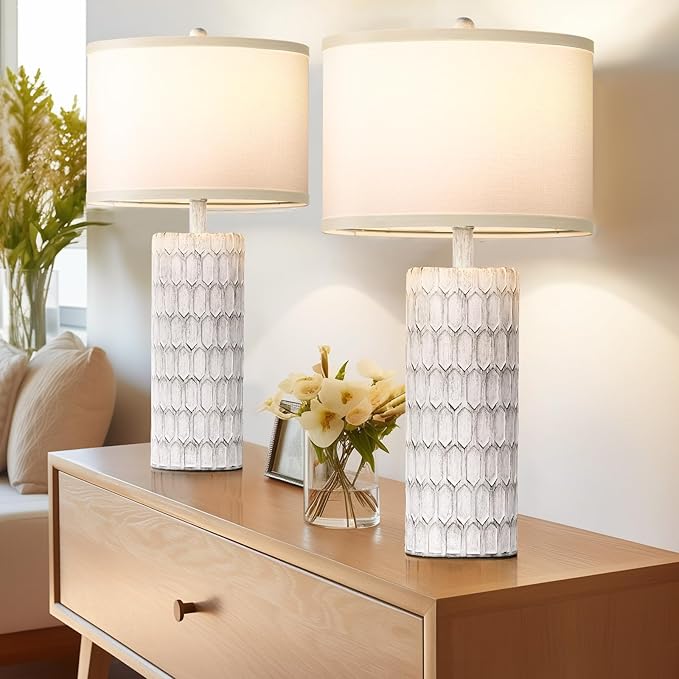 26" Farmhouse Table Lamps for Living Room Set of 2, Antique Traditional End Table Lamps for Bedroom Night Stand, White Shade Rustic Bedside Lamps with Grey-White Resin Body, Bulbs Included