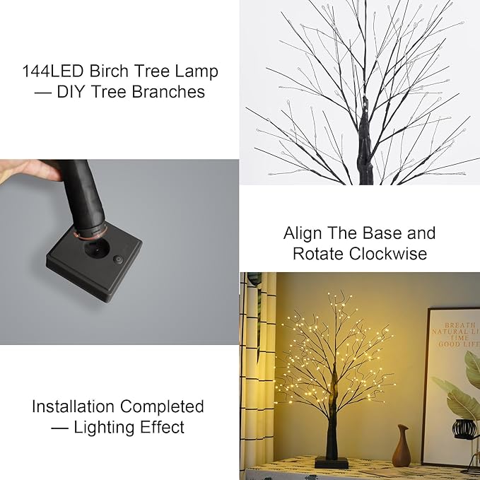 144 LED Artificial Tree Lamp with Timer, DIY Birch Tree with LED Lights, Lighted up Tree Lamp USB/Battery Powered, Fairy Light Spirit Tree for Table Home Wedding Bedroom Christmas (Black)