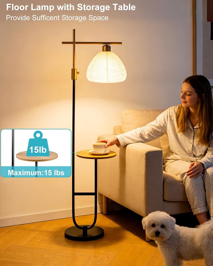 66IN Gold&Black Dimmable Floor Lamps with Storage Table, Modern Standing Tall Lamp with Milky White Lampshade, Cross-Shaped Lamp Head and U-Pole Base Style for Living Room/Bedroom