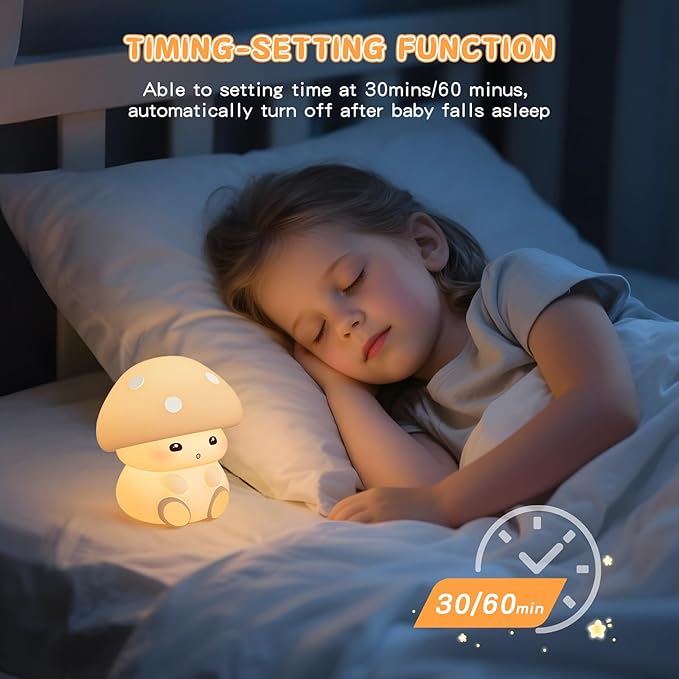 Mushroom Night Light, White Silicone Night Lamp, Touch Control with 30/60 min Dimmble, 3 Brightness Levels, 7 Color Changing, LED Night Lights, USB-C Rechargeable, Gifts for Girls Boys