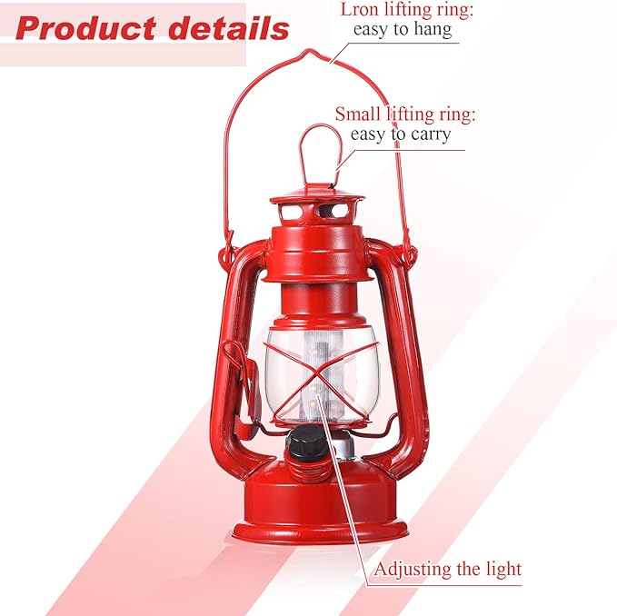 Hortsun 12 Pcs 8 Inch Vintage LED Hurricane Lantern Metal Red Outdoor Battery Operated Hanging Lantern with Warm LEDs and Dimmer Switch for Halloween Christmas Indoor Rustic Farmhouse Camping Decor