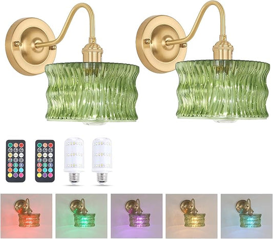Battery Operated Wall Sconce Set of 2, Vintage Rechargeable Wall Lights with Green Ripple Glass Shade, Wireless Indoor Wall Lamp with Remote for Bedroom Living Room Bathroom