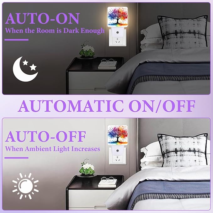 Colorful Trees Night Light,Plug-in Night Lights with Dusk-to-Dawn Sensor for Bedroom,Bathroom and Living Room Sleep Friendly lamp 0.5w