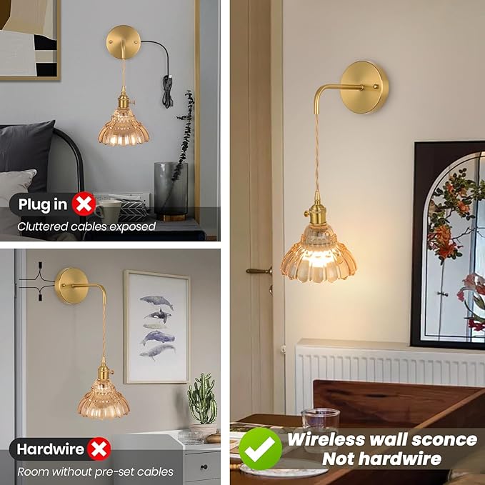 Vintage Wall Sconce Set of Two, Battery Operated Wall Sconces with Amber Glass Lampshade, Wireless Wall Sconces, Rechargeable Wireless RGB Wall Lights for Bedroom Living Room etc
