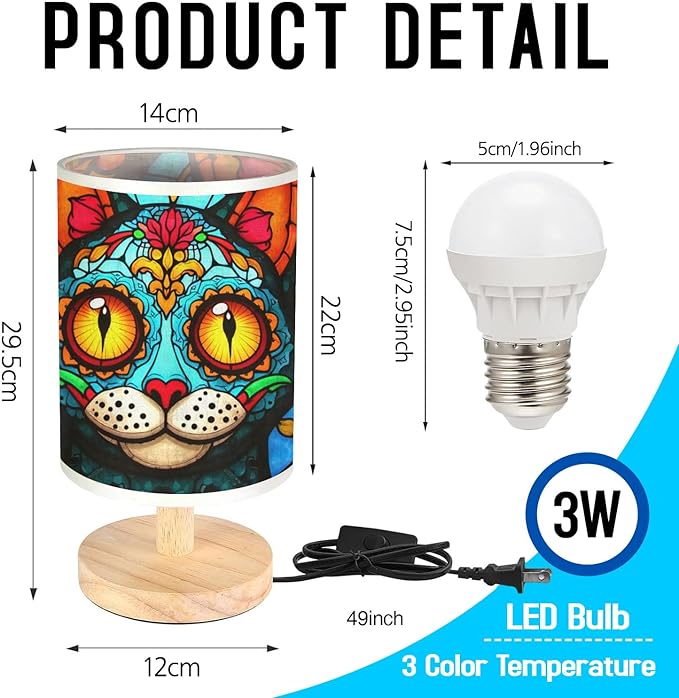 Cat Sugar Skull Table Lamp LED 3-Color Pressed Bedside, Cat Sugar Skull Shade Lamp with Wood Base for Bedroom Living Room Desk Office TL01