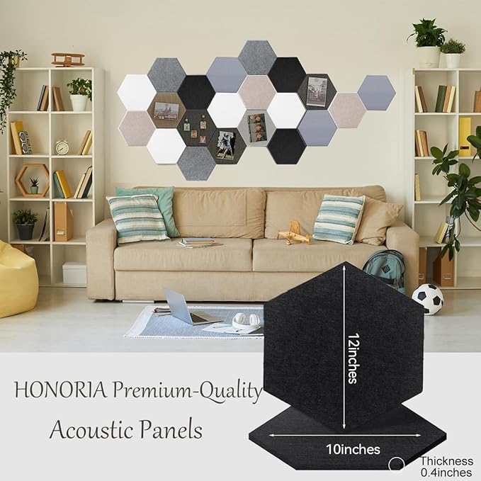 HONORIA 12-Pack Acoustic Panels，Soundproof Wall Panels，Hexagon Self-Adhesive 12"X10"X0.4，High Density Sound Dampening Panels- Black