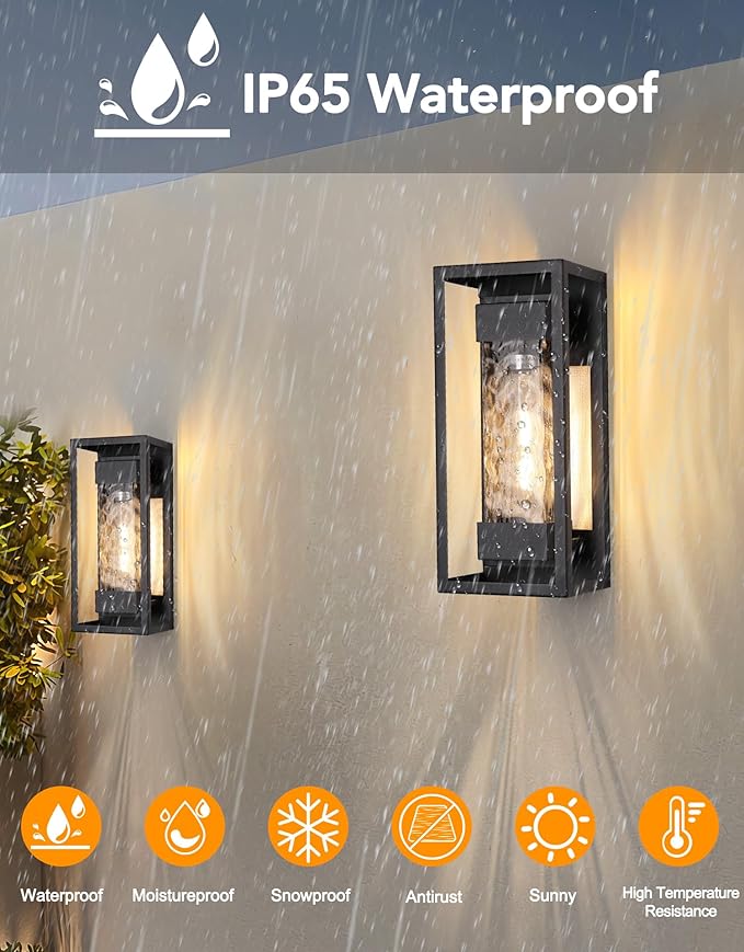 PARTPHONER Modern Outdoor Light Fixture, Exterior Wall Sconce Waterproof Porch Light, Outside Lamp for House with Water Glass for Garage Doorway