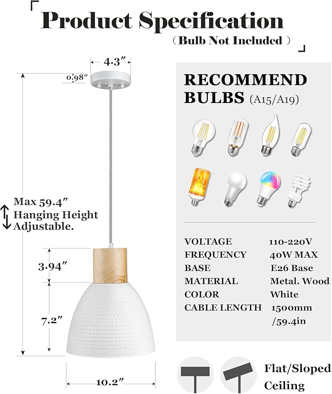 ELYONA 10.2” Hammered Pendant Light Fixtures, Metal & Rubber Wood Island Hanging Lamp, Adjustable Height, Modern Pendant Lighting for Kitchen,Farmhouse Bar,Dining Room,Bedroom, Nordic White