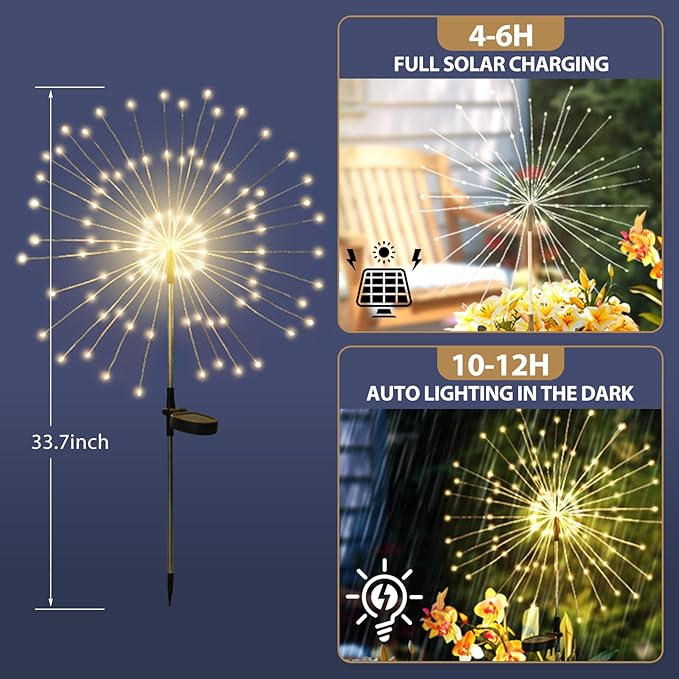 Outdoor Solar Garden Lights, 120 LEDs 8 Lighting Modes Waterproof Solar Fireworks Light Sparklers for Patio Walkway Yard Courtyards Pathway Christmas Party Decorations, Colorful(4 Pack)