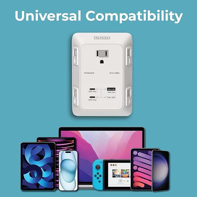 BLACK+DECKER PD USB Wall Charger Surge Protector, 5 Outlet Extender w/ 2 USB C PD & 1 USBA Charging Ports, Fast Charge 3 Sided Power Strip Multi Plug Outlets Wall Adapter for Home Office, ETL Listed