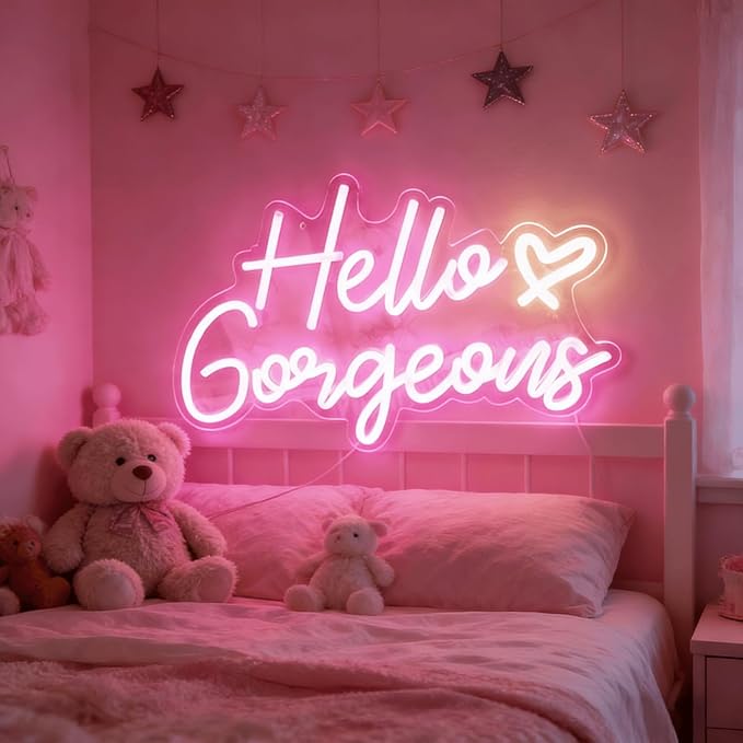 Hello Gorgeous Neon Light for Wall Decor, Pink USB Powered LED Sign with Dimmable Switch, Neon Sign for Home, Wedding, Birthday Backdrop, Party (Pink02)
