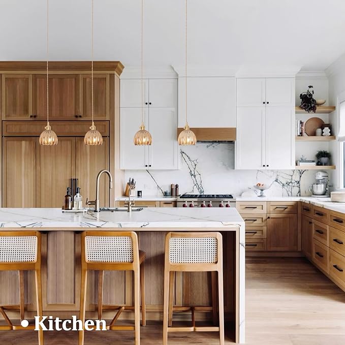 Mini Pendant Light 2 Pack with Amber Tulip Glass Lmapshade, Brass Vintage Pendant Light Adjustable Hanging Light for Kitchen Island Dining Room Hallway