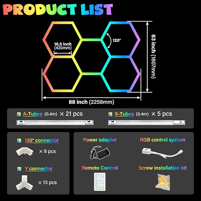ALLYES Hexagon RGB LED Lights - Color Changing Wall/Ceiling Lights with Music Sync Dimmable & Speed Adjustable Modes, App & Remote Control, Multi-Scene Decor for Gaming Room, Bar, Party, Gym, Garage