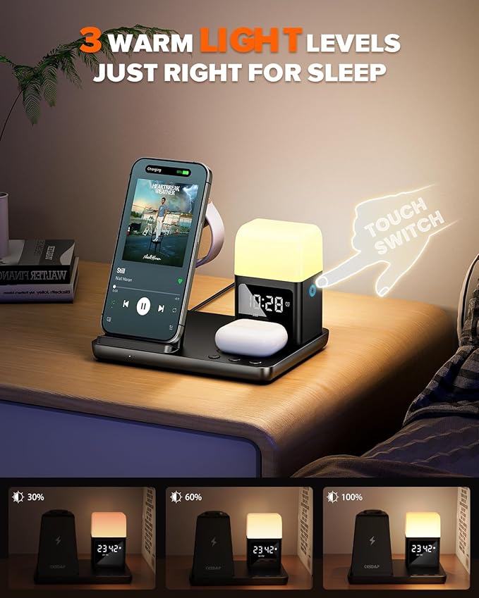 6 in 1 Wireless Charging Station for Apple Charging Station for Multiple Devices with Alarm Clock and Night Light nightstand for iPhone 16 15 14 13 for Apple Watch Best Gift for Your Loved Ones