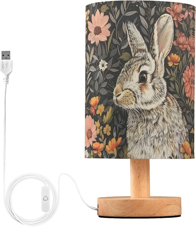 Bunny Rabbit Floral Field Table Lamp with Wood Base Fabric Lamp Shade Bedside Desk Lamp for Living Room Bedroom Kids Room Office