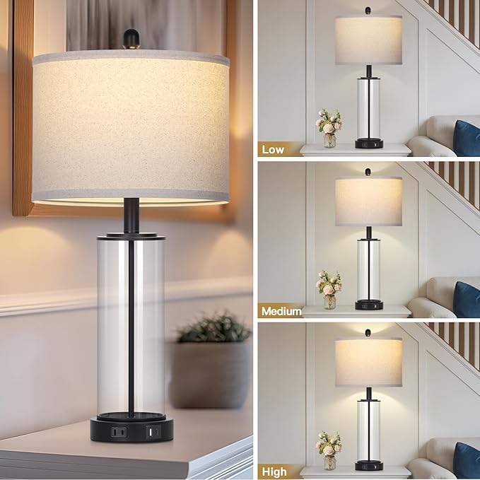 26" Glass Table Lamp Single, 3-Way Dimmable Touch Control Living Room Lamp with USB C+A Ports & AC Outlet, Modern Bedside Lamps, Bedroom Lamps for Nightstand Side End Table Desk, Black-1PK