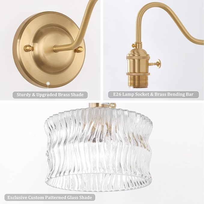 Battery Operated Wall Sconce Set of 2, Vintage Rechargeable Wall Lights with Clear Ripple Glass Shade, Wireless Indoor Wall Lamp with Remote for Bedroom Living Room Bathroom