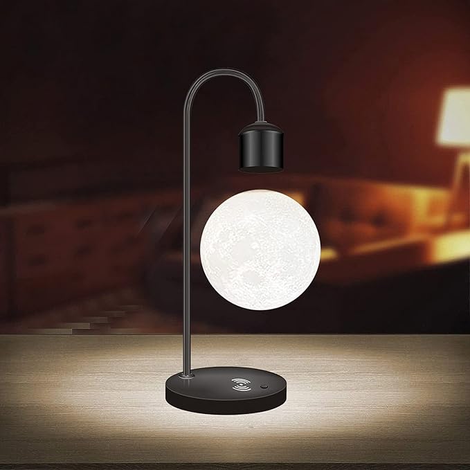 Unique Modern Levitating Lamp with Floating Light and Built-in Qi Wireless Charger, Simplistic and Innovative Design, Warm Decorative Night Light (Black Moon)