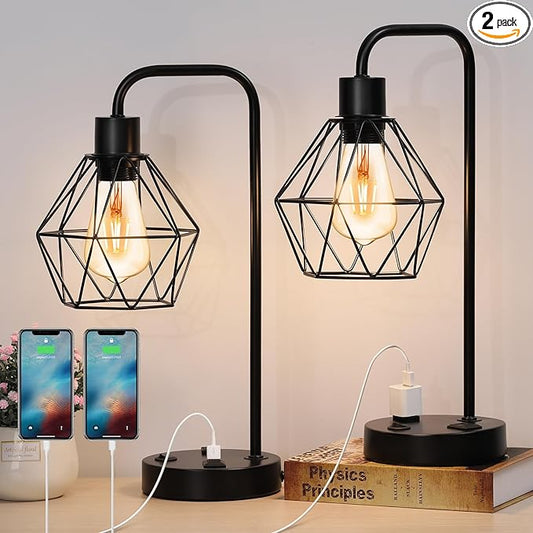 BTY Industrial Table Lamps Set of 2 Vintage Desk Lamp Metal Cage Nightstand Bedside Lamp with Dual USB Charging Ports and AC Outlet for Bedroom Living Room Office (Black)