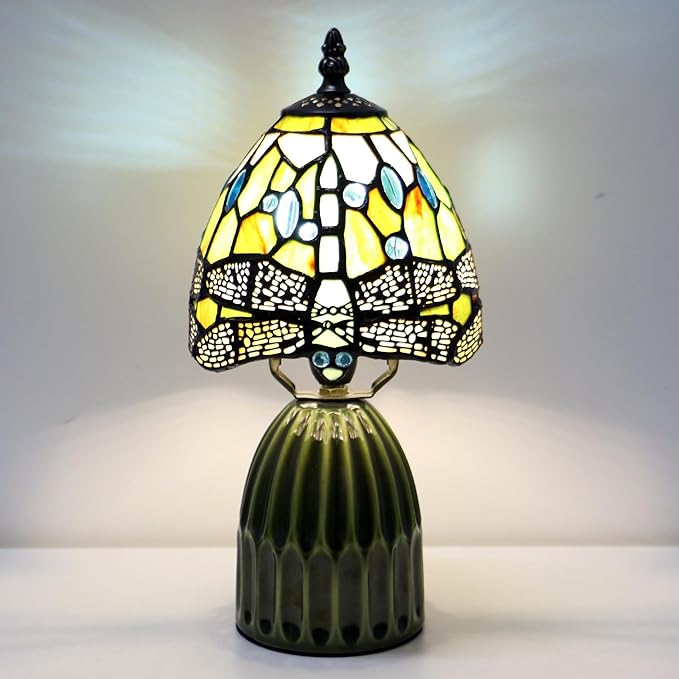 Tiffany Lamp Stained Glass Mushroom Table Lamps 6X6X12.5 Inch Amber White Dragonfly Style Small Night Light Ceramic Base Mini Accent Desk Light Suitable for Bedside Table Bedroom Children Room