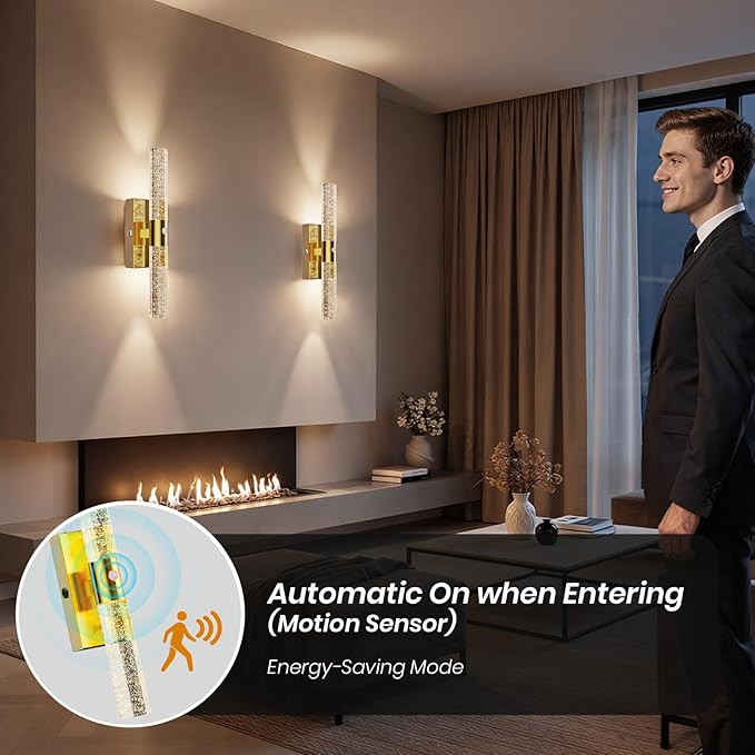 Motion Sensor Wall Sconces Battery Operated, Rechargeable Wall Sconce, 3CCT Battery Wall Sconce, 12000mAh Dimmable with Remote for Bedroom, Living room, Hallway Decor (15.3 inch – Gold - 1 Pack)
