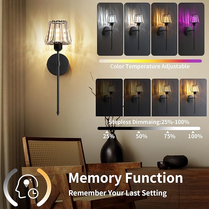 Battery Operated Crystal Wall Sconce Set of 2, Black Rechargeable Wireless Wall Sconces with Remote Dimmable 12 Colors Modes Led Wall Lights, Wall Lamp for Bedroom Living Room Hallway 2 Bulbs Included
